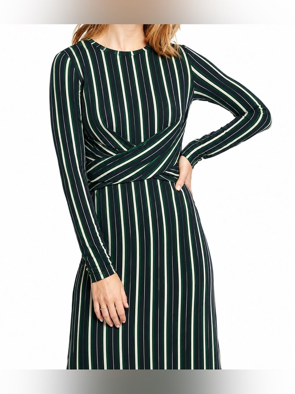 Ann Taylor navy/green striped faux front wrap dress, size 2